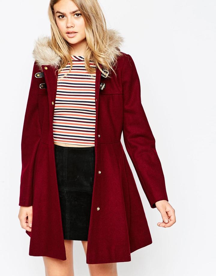 Asos Skater Coat With Faux Fur Hood - Berry