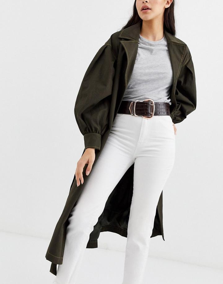 Asos Design Wide Waist Tipped Double Prong Belt In Chocolate Croc-brown