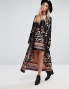 Honey Punch Maxi Kimono With Placement Print In Satin - Black