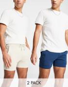 Asos Design Skinny Jersey Shorts In Shorter Length 2 Pack In Beige/navy-multi