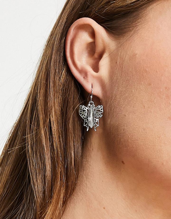 Asos Design Earrings With Butterfly And Crystal Drop-silver