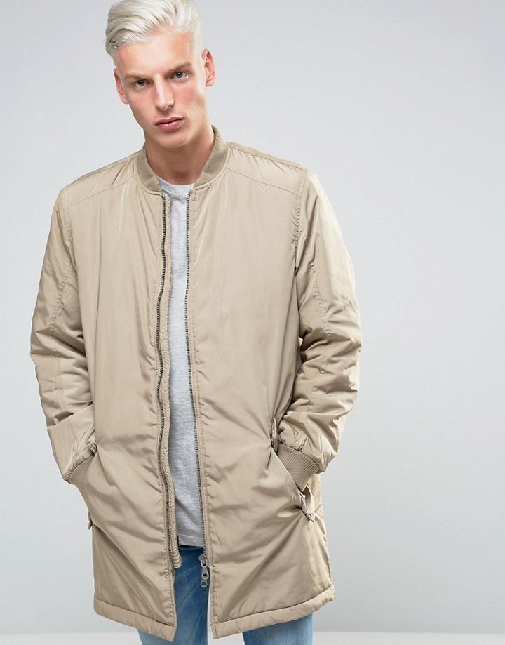 Adpt Longline Bomber Jacket With Two Way Zip - Beige