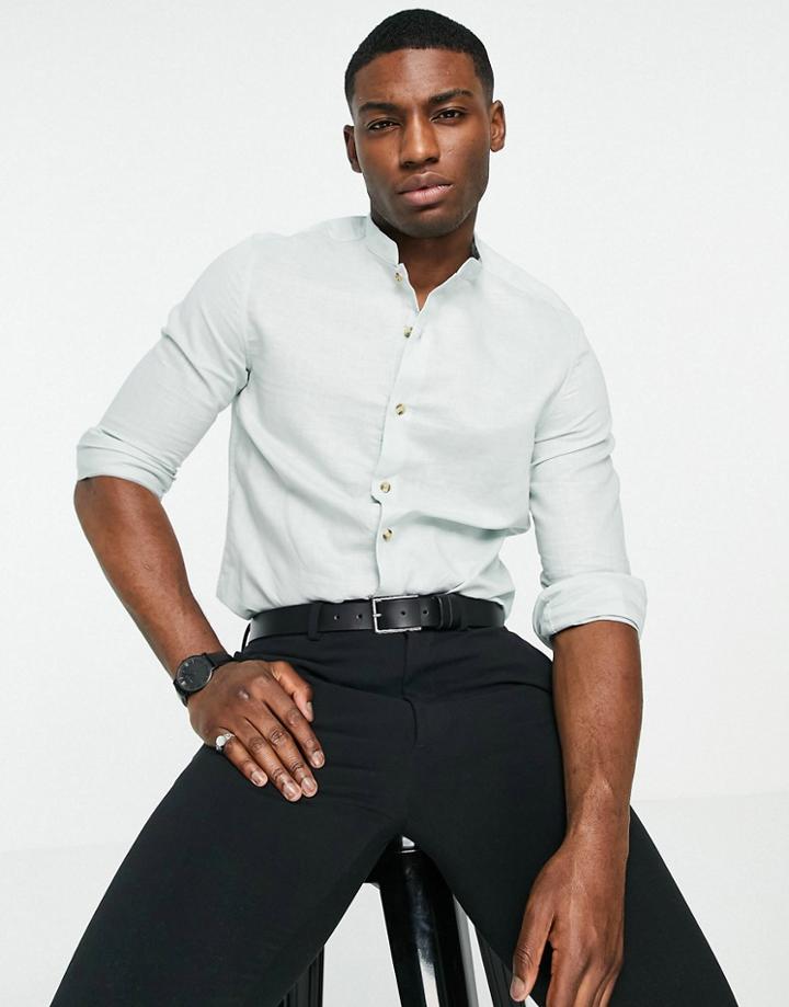 Asos Design Wedding Linen Shirt With Mandarin Collar In Mint-green