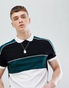 Asos Design Polo Shirt With Color Block And Contrast Piping In Black - Black