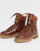 Asos Design Artistry Premium Leather Hiker Boots In Brown Croc - Brown