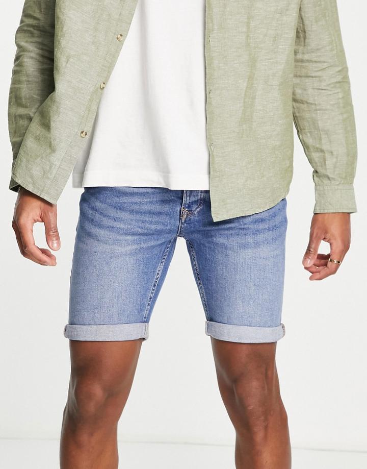 Topman Stretch Skinny Shorts In Mid Wash-blue