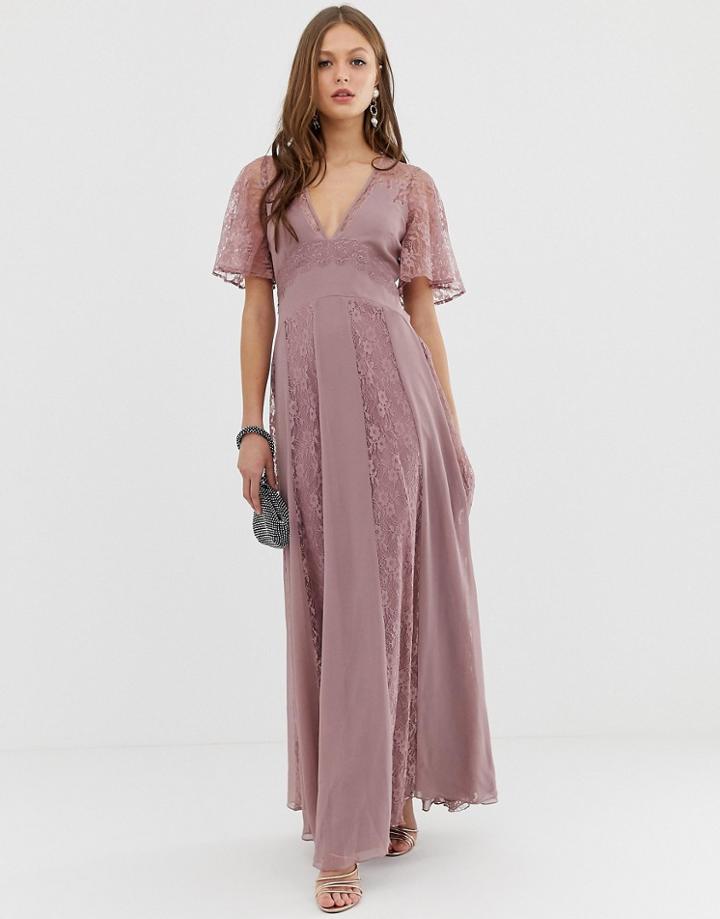 Asos Design Maxi Dress With Flutter Sleeve And All Over Lace Insert-multi