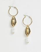 Pieces Shell Pearl Detail Earrings - Gold