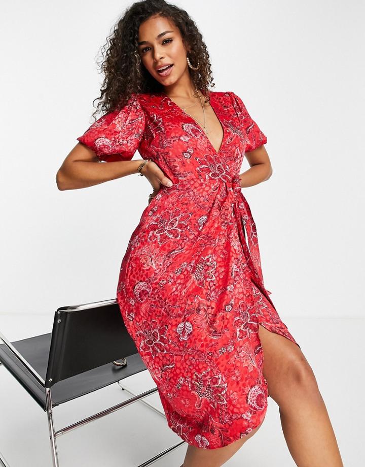 Hope & Ivy Puff Sleeve Wrap Midi Dress In Red Floral Print