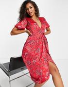 Hope & Ivy Puff Sleeve Wrap Midi Dress In Red Floral Print