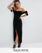 Asos Petite Bow Off The Shoulder Maxi Dress With Wrap Skirt - Black
