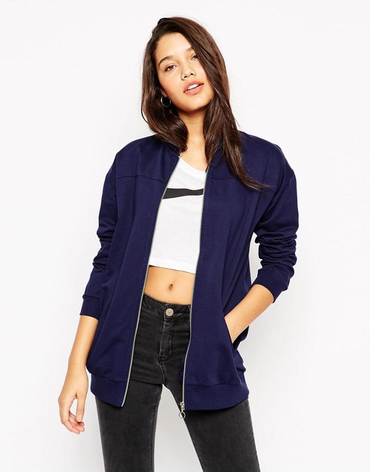 Asos Longline Bomber In Jersey In Cotton - Navy