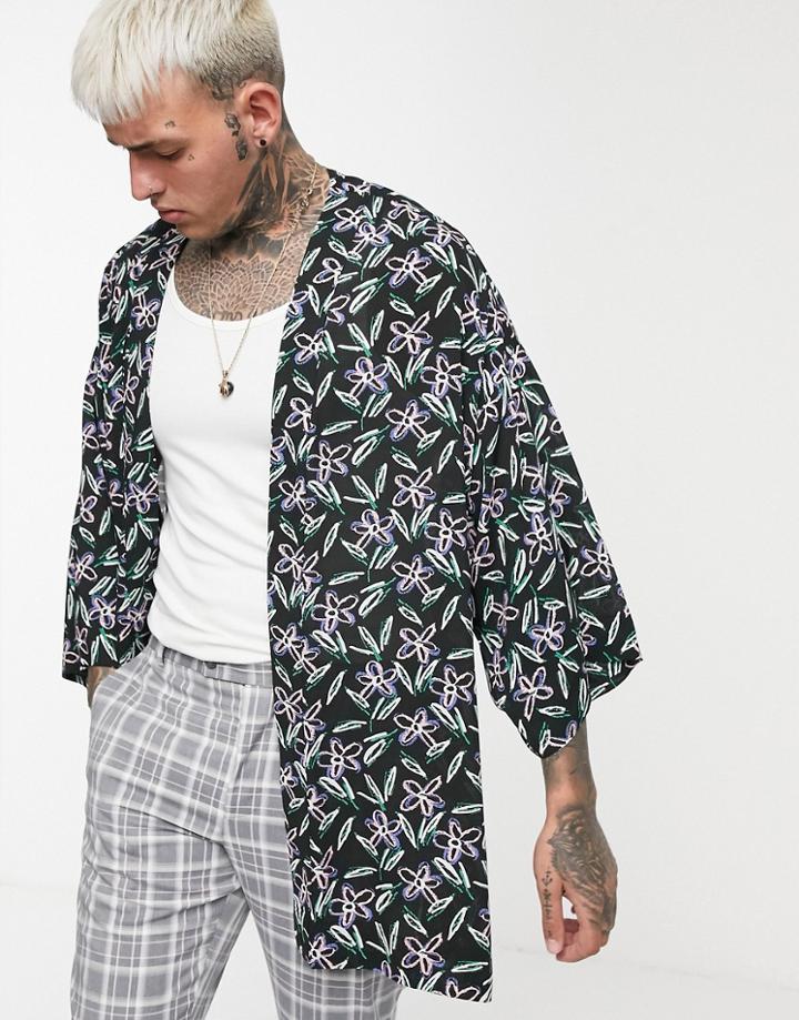 Asos Design Regular Fit Kimono In Floral Print - Black