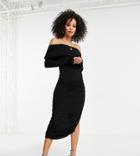 Asos Design Tall Off-shoulder Ruched Sleeve Midi Dress In Black