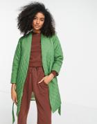 Helene Berman Quilted Collarless Duster Coat In Green