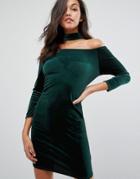 Miss Selfridge Choker Velvet Bardot Dress - Green