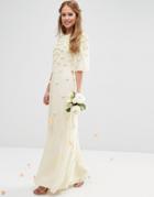 Asos Bridal Scattered 3d Floral Flutter Sleeve Maxi Dress - White