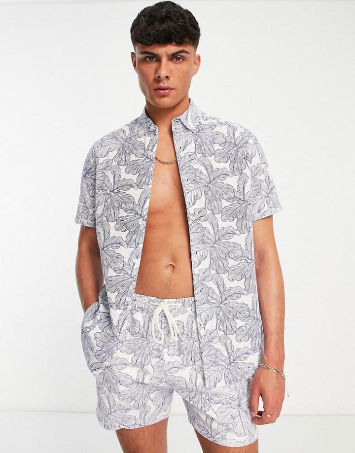 Asos Design Linen Mix Floral White Shirt - Part Of A Set