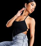 Asyou Crystal Trim Scarf Crop Top In Black