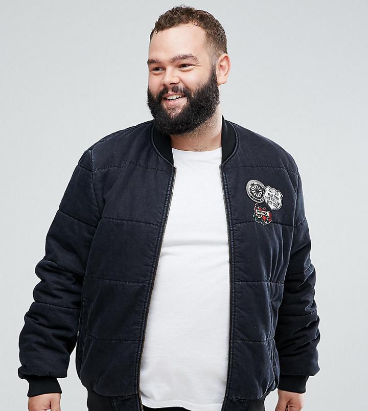 Asos Plus Denim Bomber Jacket With Badges In Washed Black - Black