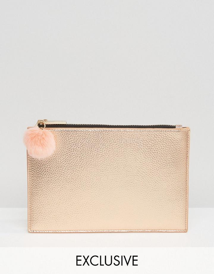 Skinnydip Exclusive Zip Top Pouch Bag In Rose Gold With Faux Fur Pom - Gold