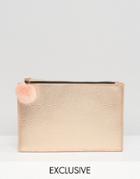 Skinnydip Exclusive Zip Top Pouch Bag In Rose Gold With Faux Fur Pom - Gold