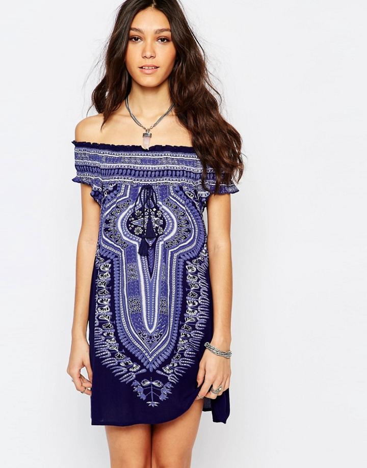 Band Of Gypsies Smock Dress In Off Shoulder With Print - Multi