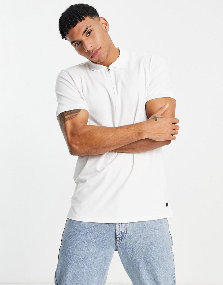Jack & Jones Premium Zip Polo With Rib Collar In White