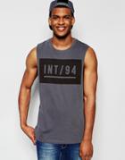 Asos Sleeveless T-shirt With Print And Dropped Armhole - Gray