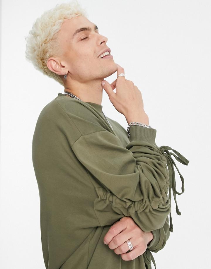 Asos Design Oversized Sweatshirt With Ruched Sleeve In Green - Part Of A Set