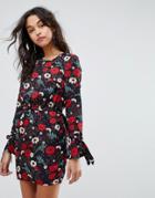 Parisian Floral Dress With Tie Waist And Sleeve Detail - Navy