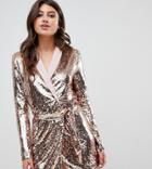 Unique21 Belted Plunge Front Sequin Blazer Dress - Silver