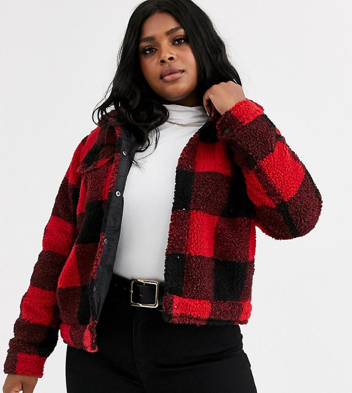 Brave Soul Plus Tedd Borg Plaid Check Jacket-red