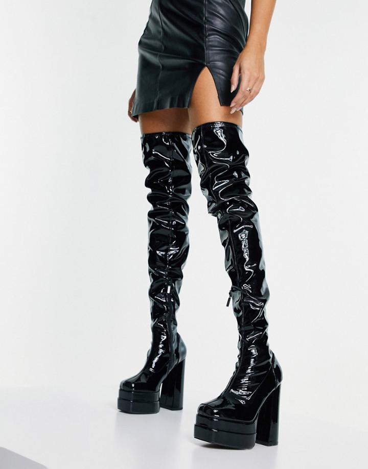 Asos Design Kathleen High-heeled Platform Over The Knee Boots In Black Patent
