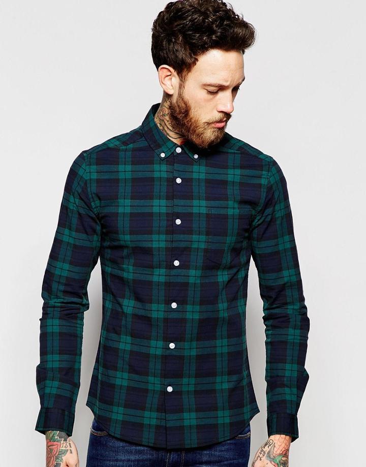Asos Skinny Shirt In Blackwatch Check And Long Sleeves - Navy