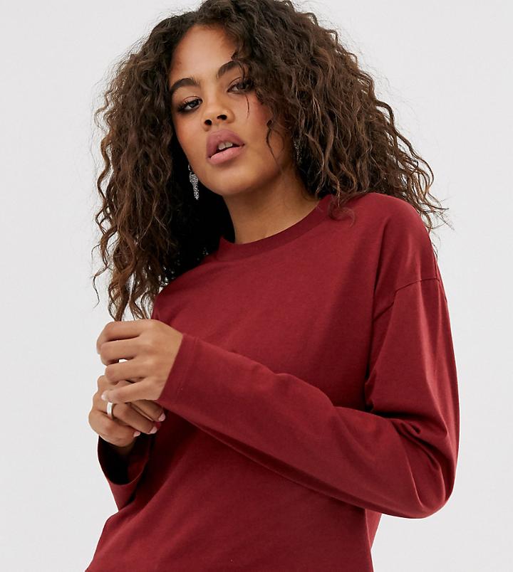 Asos Design Tall Boxy Crop T-shirt With Overlock In Burgandy