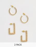Asos Design Pack Of 2 Hoop Earrings With Texture In Gold Tone