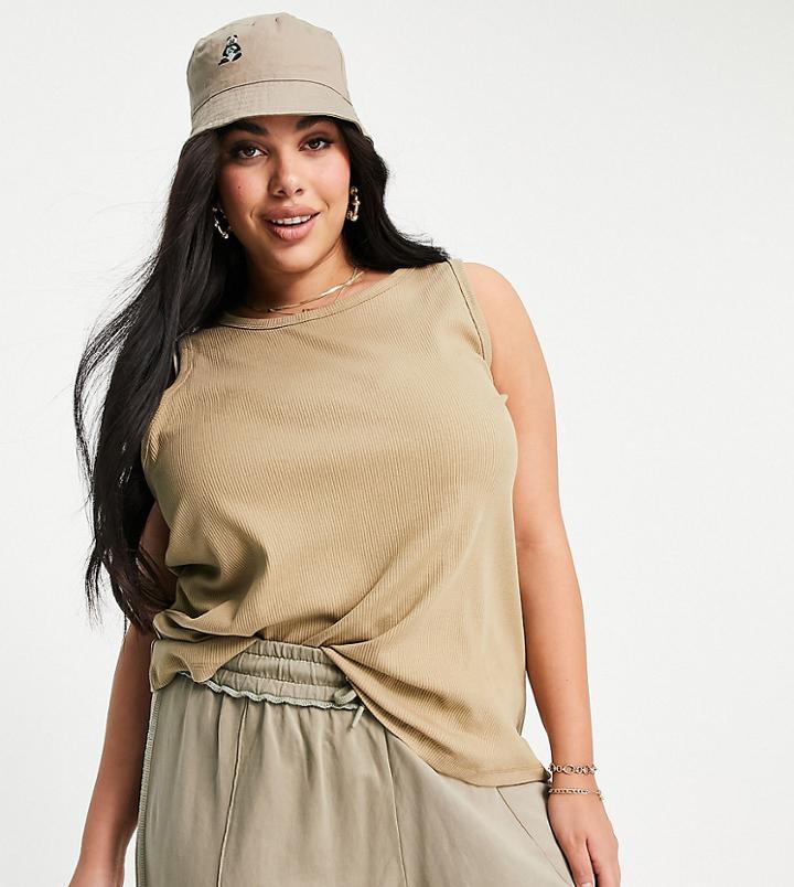 Only Curve Organic Cotton Blend Tank Top In Khaki-green