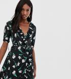 Influence Tall Floral Wrap Dress With Tie Sleeve And Ruffle In Black