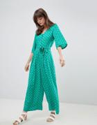 Monki Seashell Print Tie Front Cropped Jumpsuit - Green