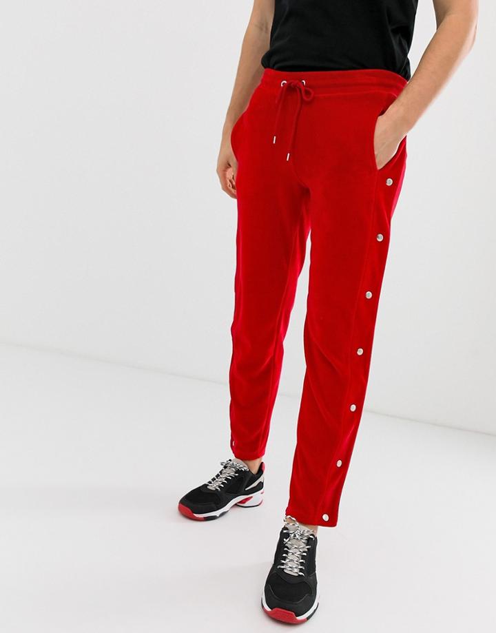 Asos Design Skinny Sweatpants With Side Poppers And Piping In Red Velour - Red