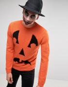 Asos Halloween Sweater With Pumpkin Face In Fluffy Yarn - Orange