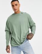 Asos Unrvlld Spply Oversized Long Sleeve T-shirt With Logo Print In Mid Green