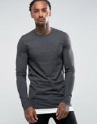 Asos Longline Muscle Long Sleeve T-shirt With Contrast Hem In Charcoal/white - Gray