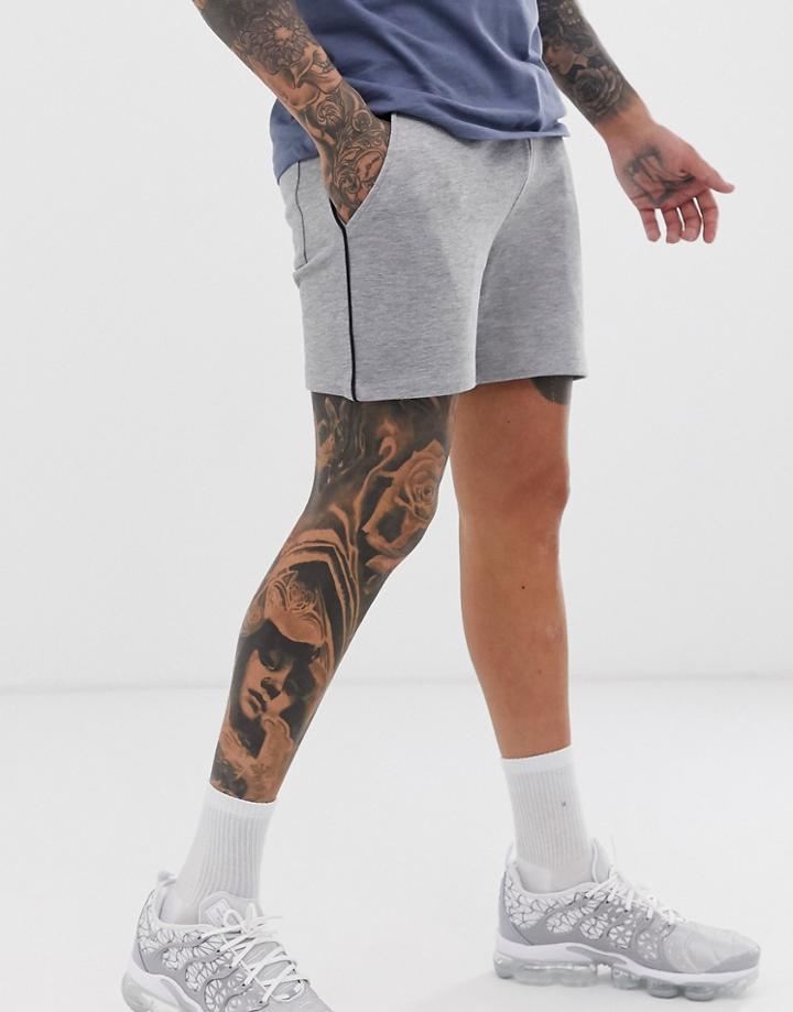 Asos Design Jersey Skinny Shorts In Shorter Length With Piping In Gray Marl