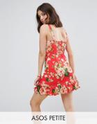 Asos Petite Mini Sundress With Lace Up Back And Peplum Hem In Red Floral - Multi