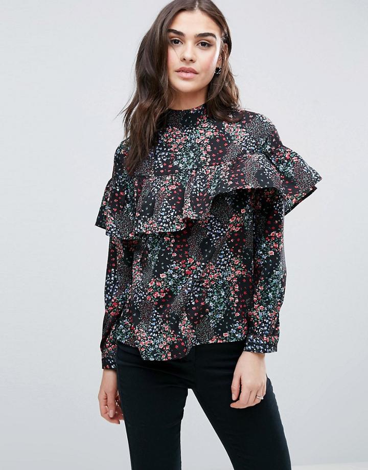 Influence High Neck Ruffle Top - Black