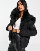 River Island Faux Fur Lined Padded Jacket In Black