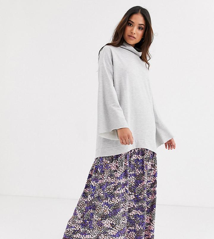 Asos Design Petite Sweat Dress With Floral Print Hem-gray