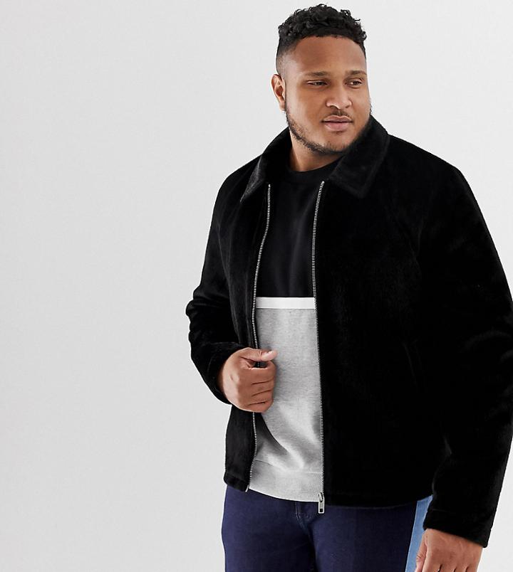 Asos Design Plus Faux Pony Hair Zip Through Jacket - Black